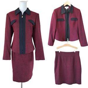 Evan-Picone Vintage Wool Blend Skirt Suit Set Metallic Red Black Tweed Size 14